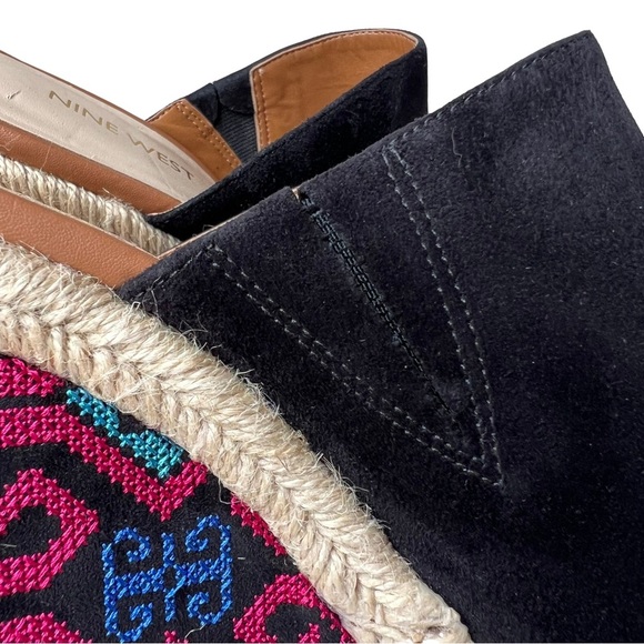 NINE WEST Rare Wedge Suede Mules Platform Cross Stitch Sandals Black Tan 8.5M - Picture 9 of 17